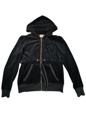 Vintage Y2K Juicy Couture Velour Jacket SZ XL Black Bow Babydoll Hooded Goth